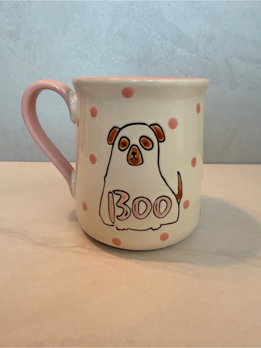 Eli & Ana Pink “Boo” Dog Halloween Coffee Mug Hand Painted Ceramic New